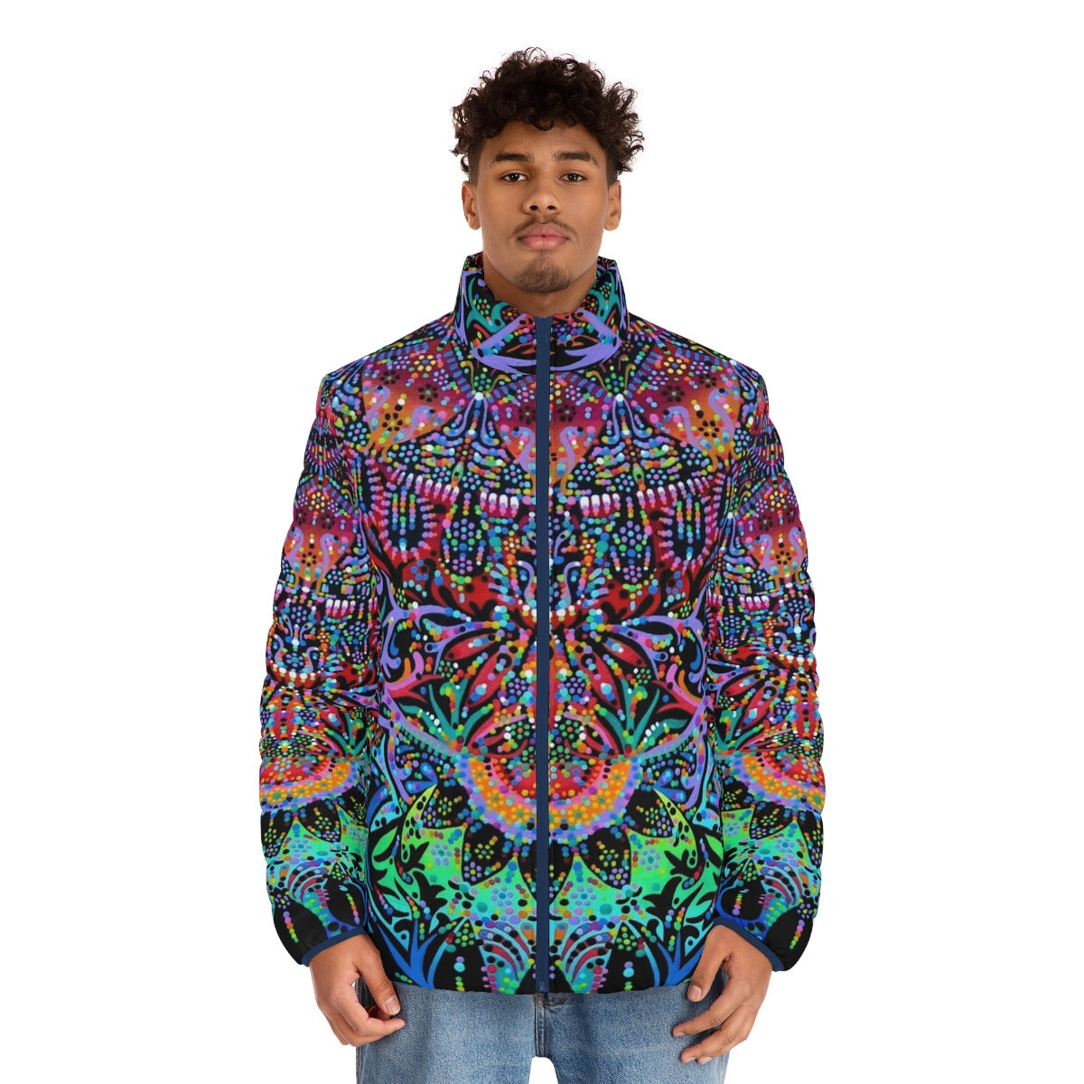 Mandala puffer jacket in vibrant colors - men front