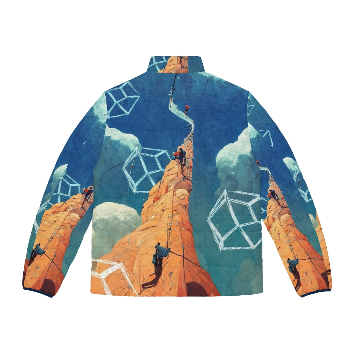 Inspire Rock Climbing Puffer Jacket with climber silhouette and abstract spire design - Back