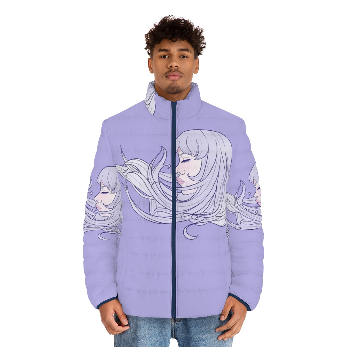 The Last Unicorn pastel purple puffer jacket with whimsical unicorn design - men front