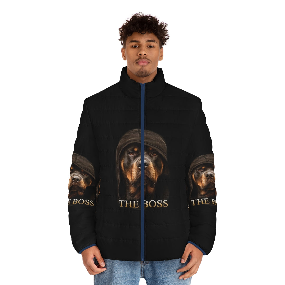 Rottweiler wearing a stylish puffer jacket by Zilly Co - men front