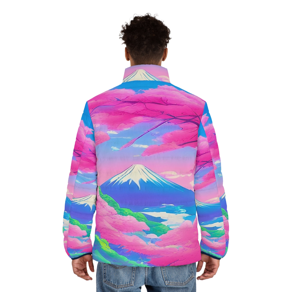 Sakura landscape puffer jacket featuring a vibrant, Japanese-inspired design with cherry blossoms and Mount Fuji - men back