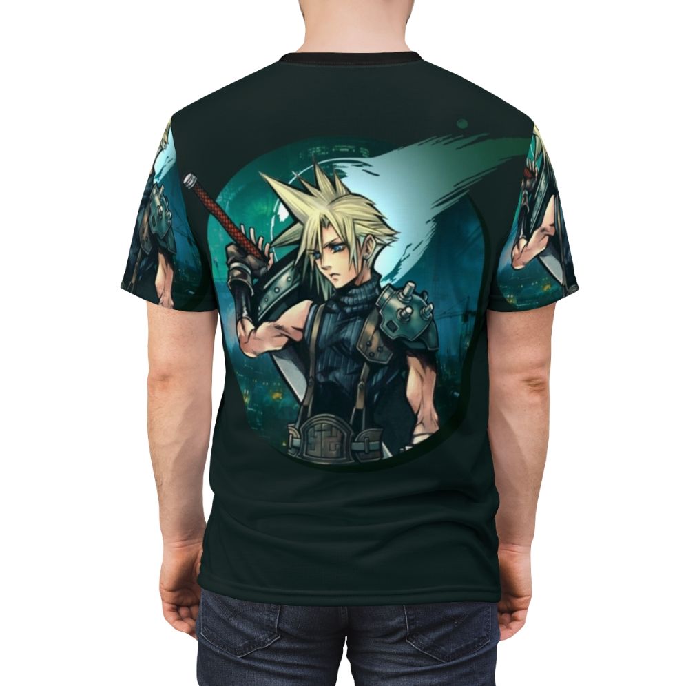 Stylized t-shirt design featuring cloud-inspired imagery from the Final Fantasy video game series. - men back