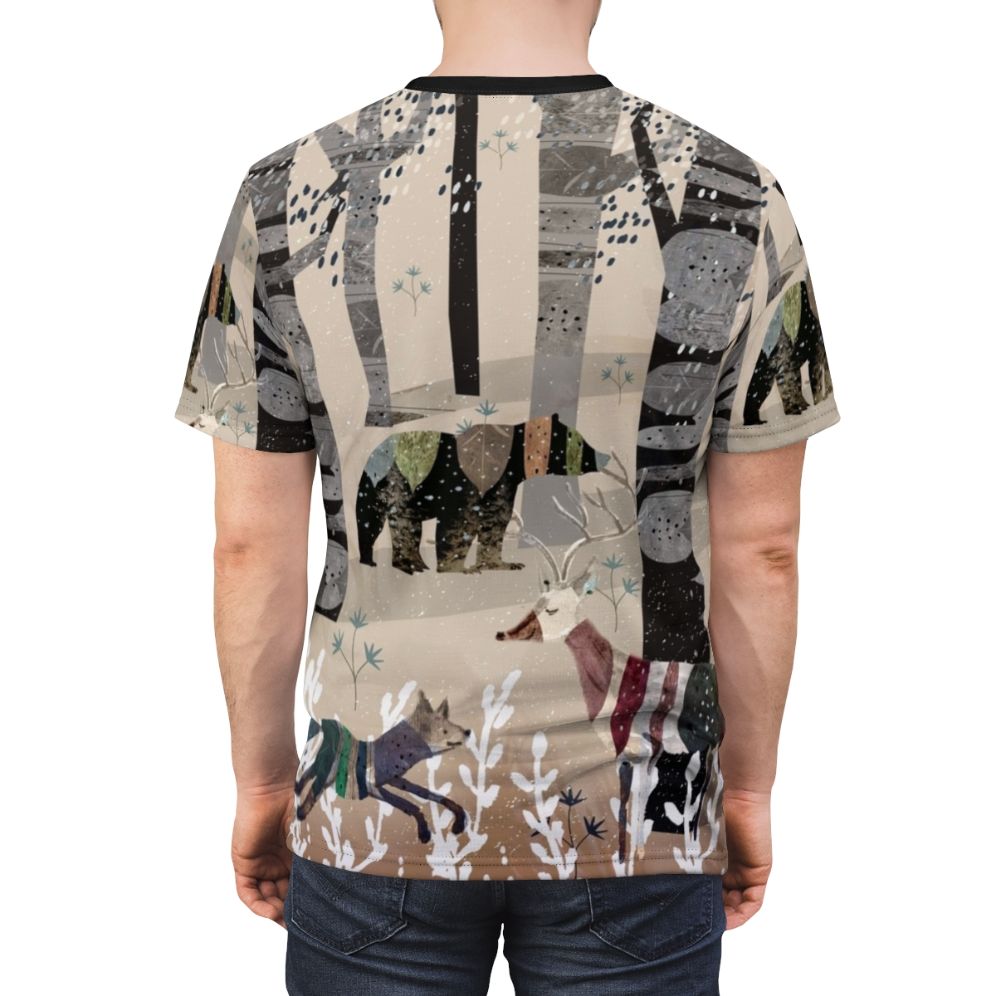 Whimsical forest animals watercolor illustration on a t-shirt - men back