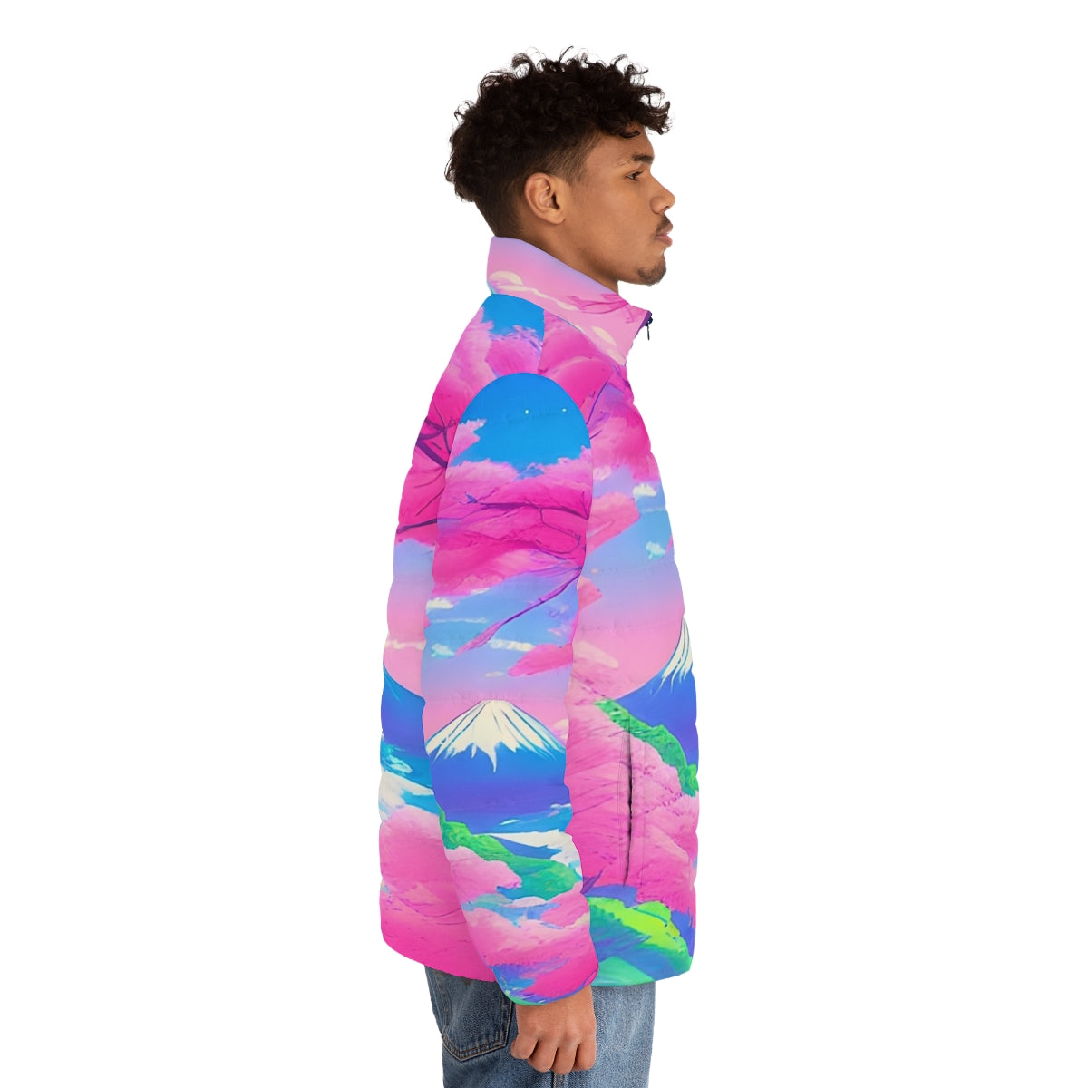 Sakura landscape puffer jacket featuring a vibrant, Japanese-inspired design with cherry blossoms and Mount Fuji - men side right