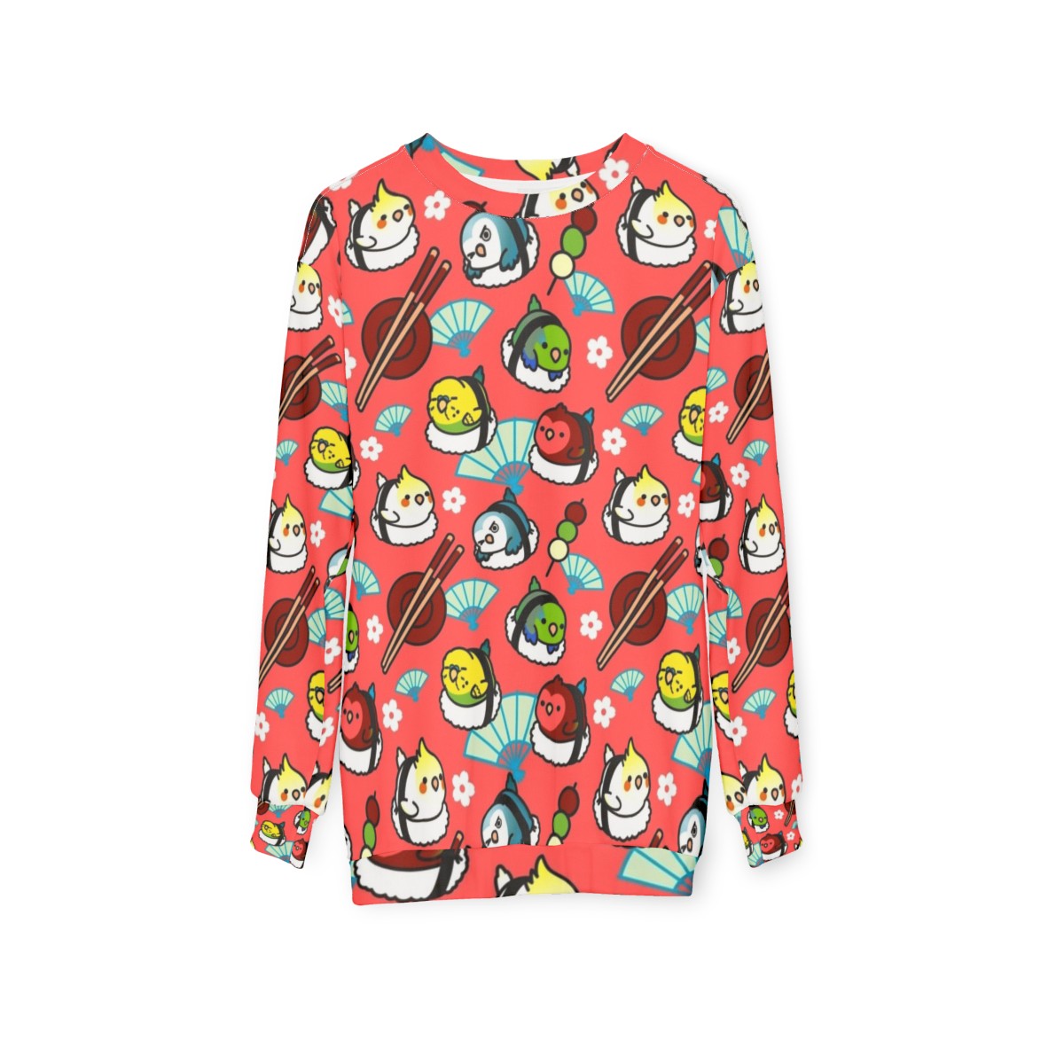 Colorful sushi time sweatshirt with Cody the lovebird - hanging