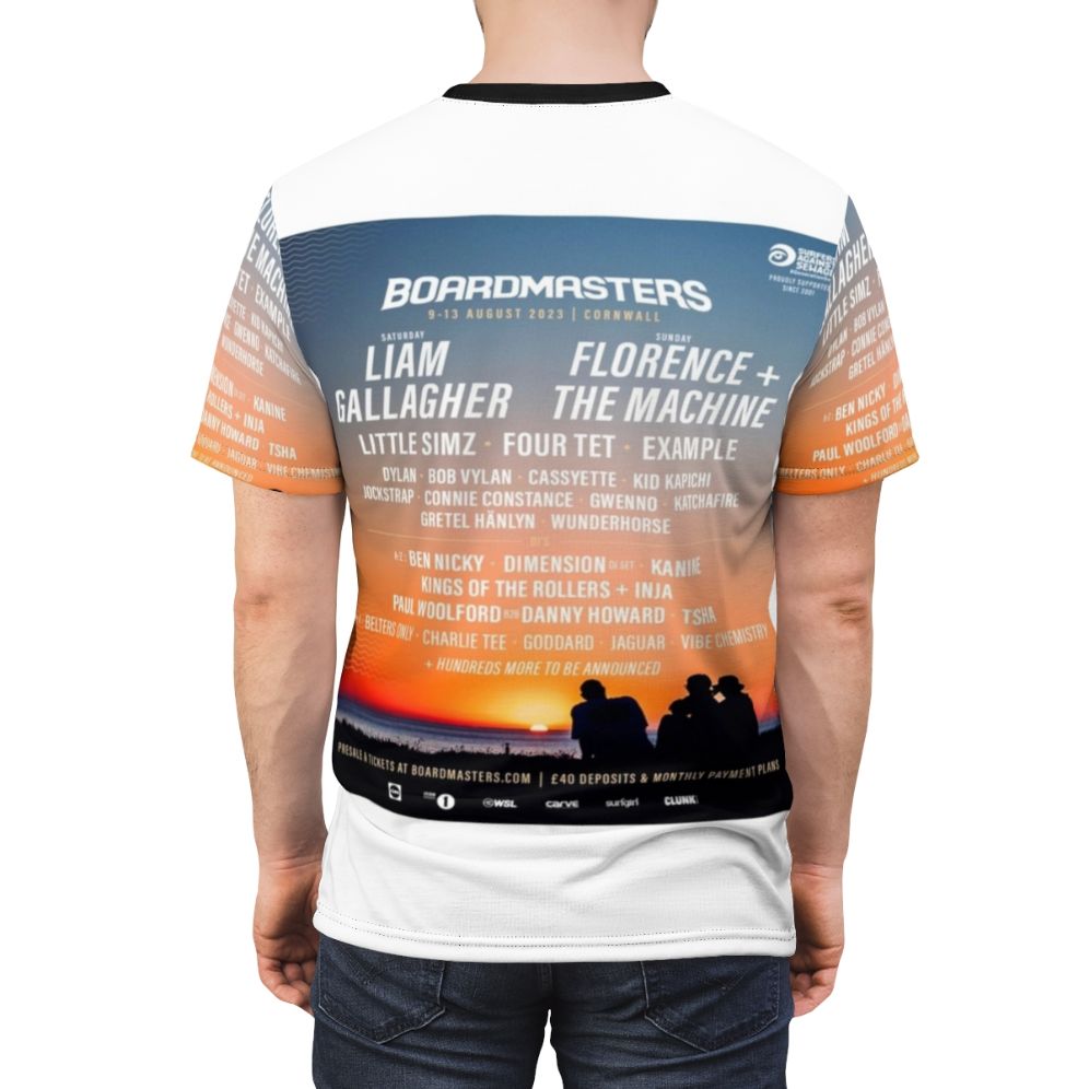 Boardmasters-inspired t-shirt with surfing, skateboarding, and music festival graphics - men back