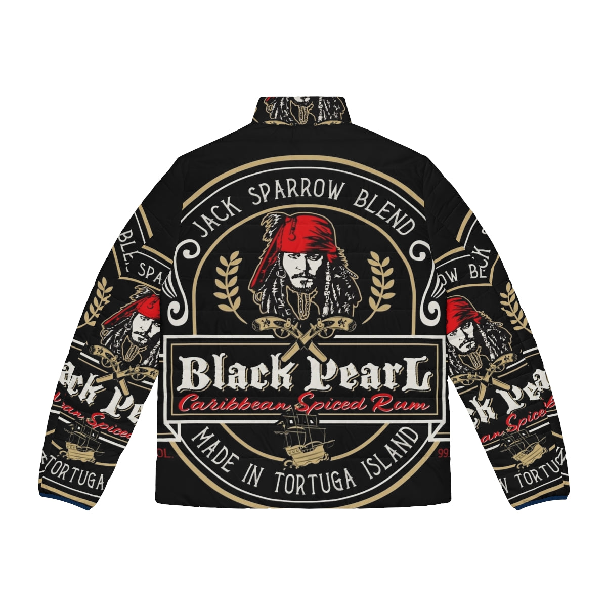 Black Pearl Rum Puffer Jacket featuring a pirate skull design - Back