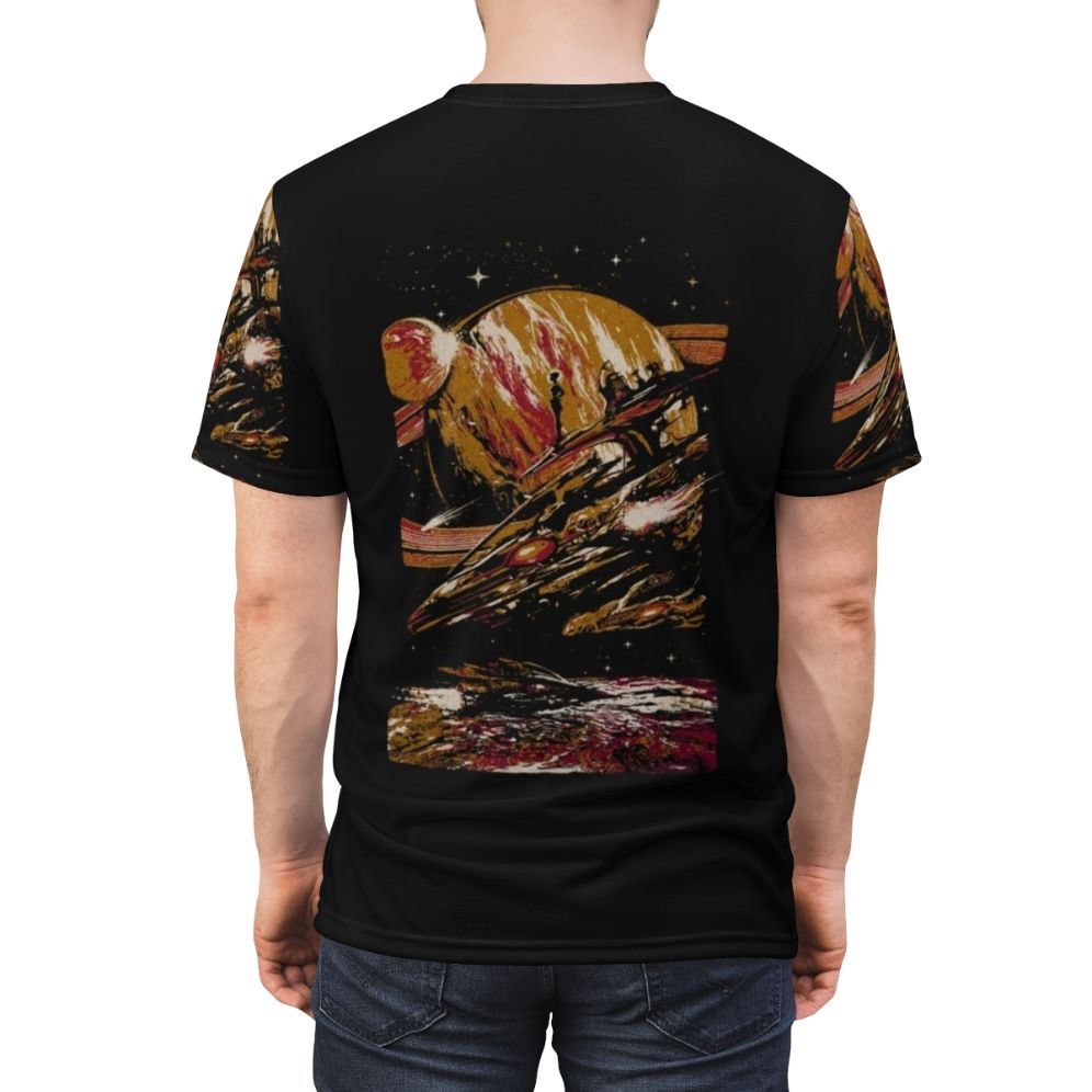 Futuristic sci-fi t-shirt featuring a space-themed design with planets, stars, and a flashlight. - men back