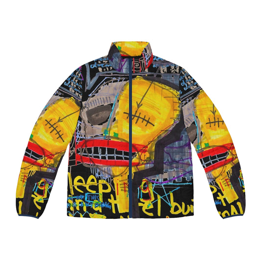 Puffer jacket with abstract "Fear and Love" design, inspired by neo expressionism and early post-modern art styles