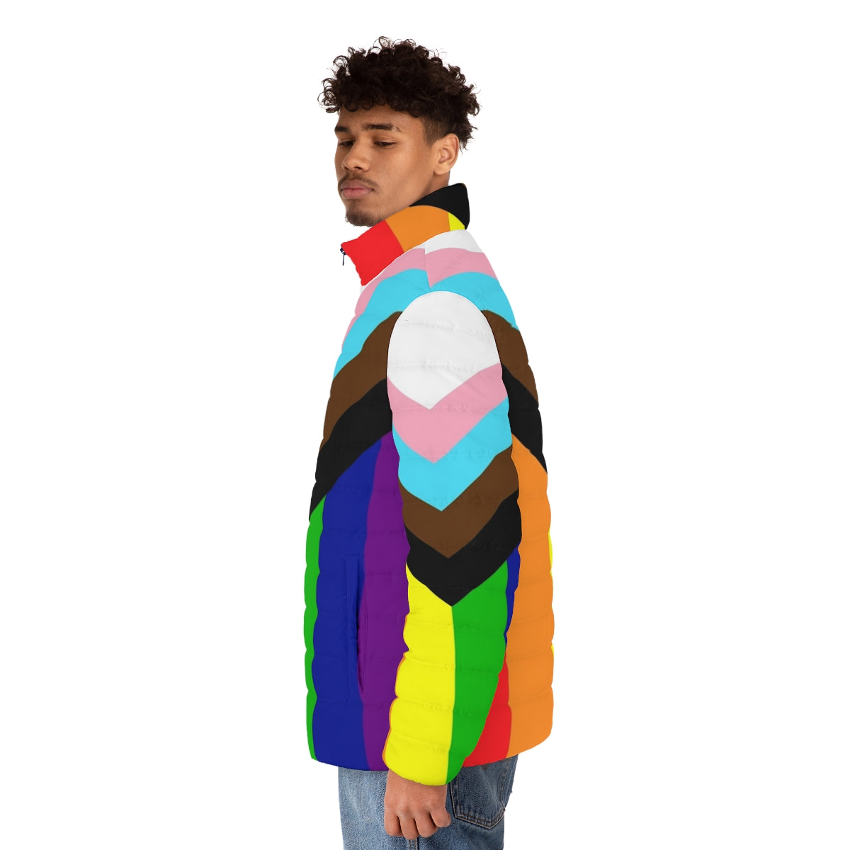 Progressive Pride Flag Puffer Jacket with rainbow colors - men side left