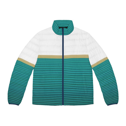 Teal and gold puffer jacket with abstract striped pattern