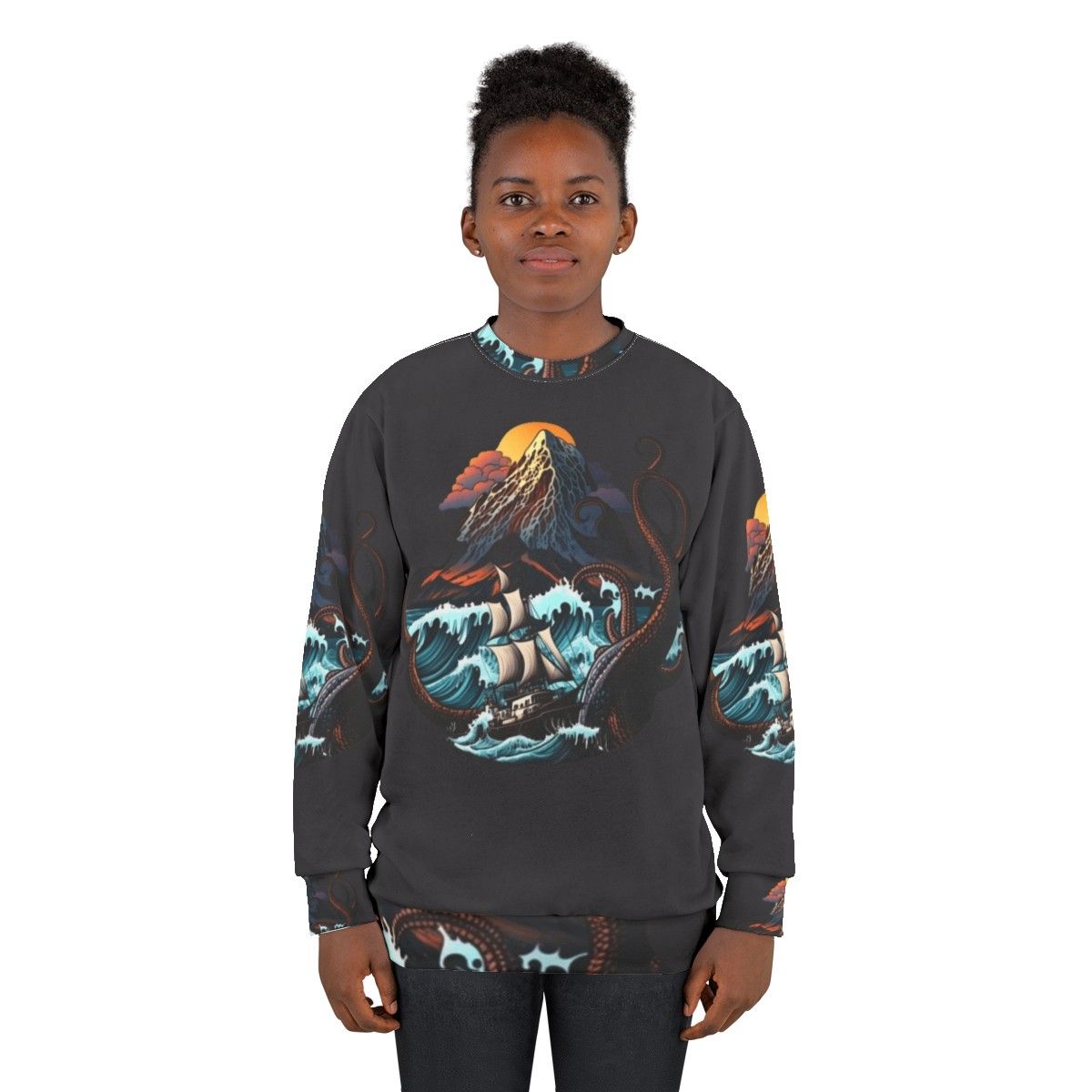 Mythical sea creatures sweatshirt with whimsical fantasy design - women