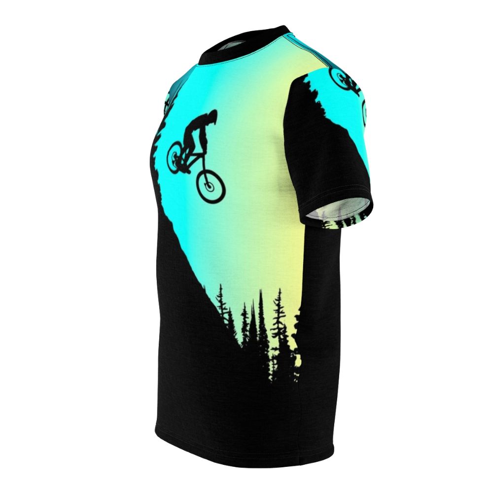 Colorful AOP t-shirt design featuring mountain biking silhouettes - men left