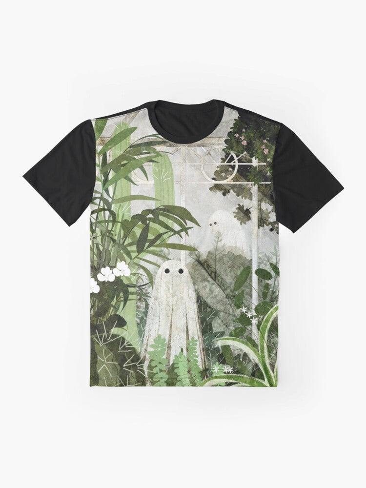 Vintage-style graphic t-shirt with a ghost in a greenhouse surrounded by nature and plants - Flat lay