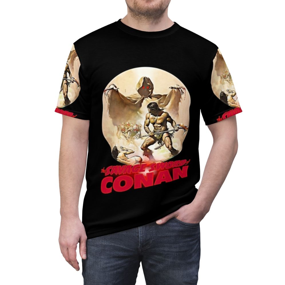 Conan-Inspired Fantasy Art T-Shirt featuring a sword and sorcery design - men front