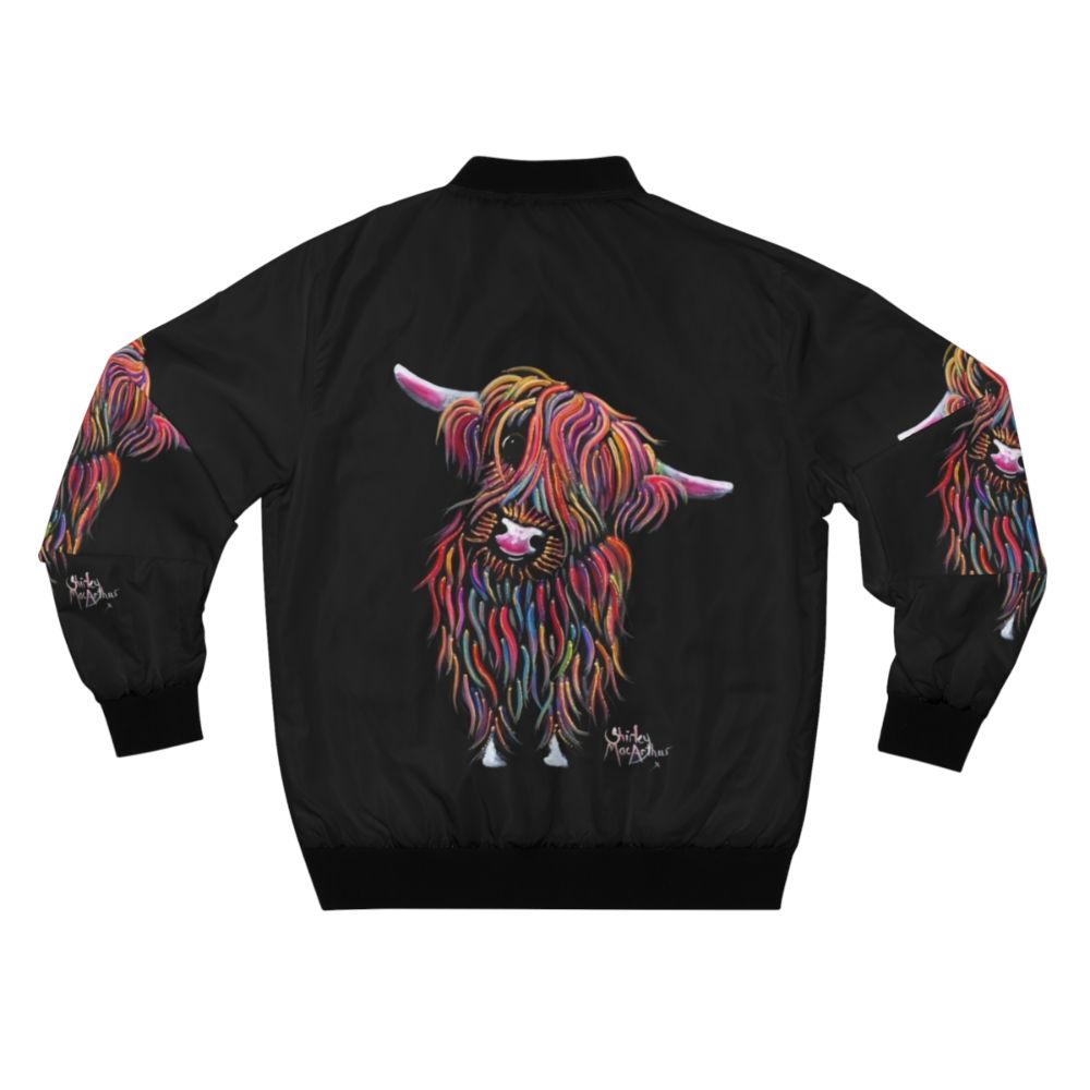 Bomber jacket featuring a vibrant painting of a Scottish Highland Cow named 'BoLLY' by artist Shirley MacArthur - Back