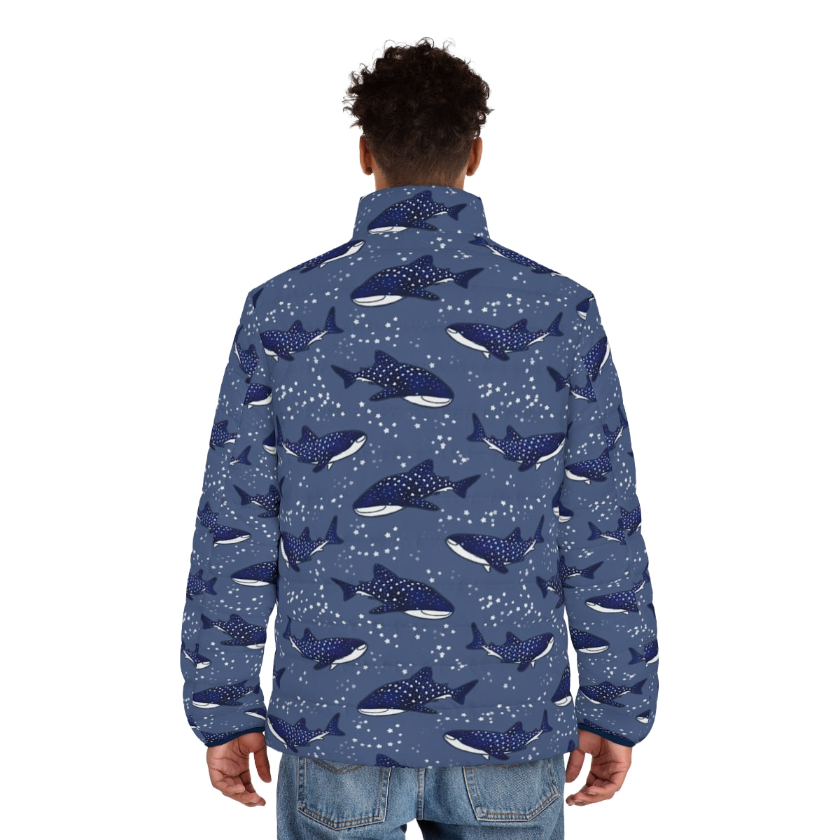 Starry whale shark print dark blue puffer jacket - men back