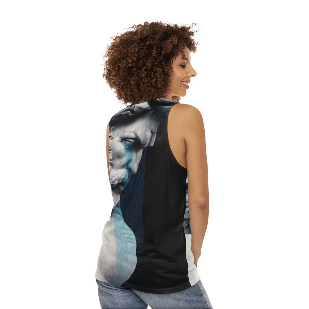 Degeneration unisex tank top with graphic design inspired by Greek mythology - women back