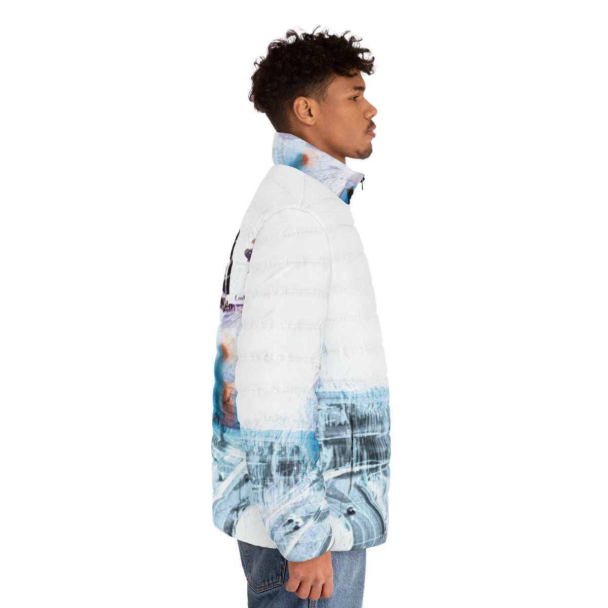 Minimalist puffer jacket inspired by Radiohead's "Ok Computer" - men side right