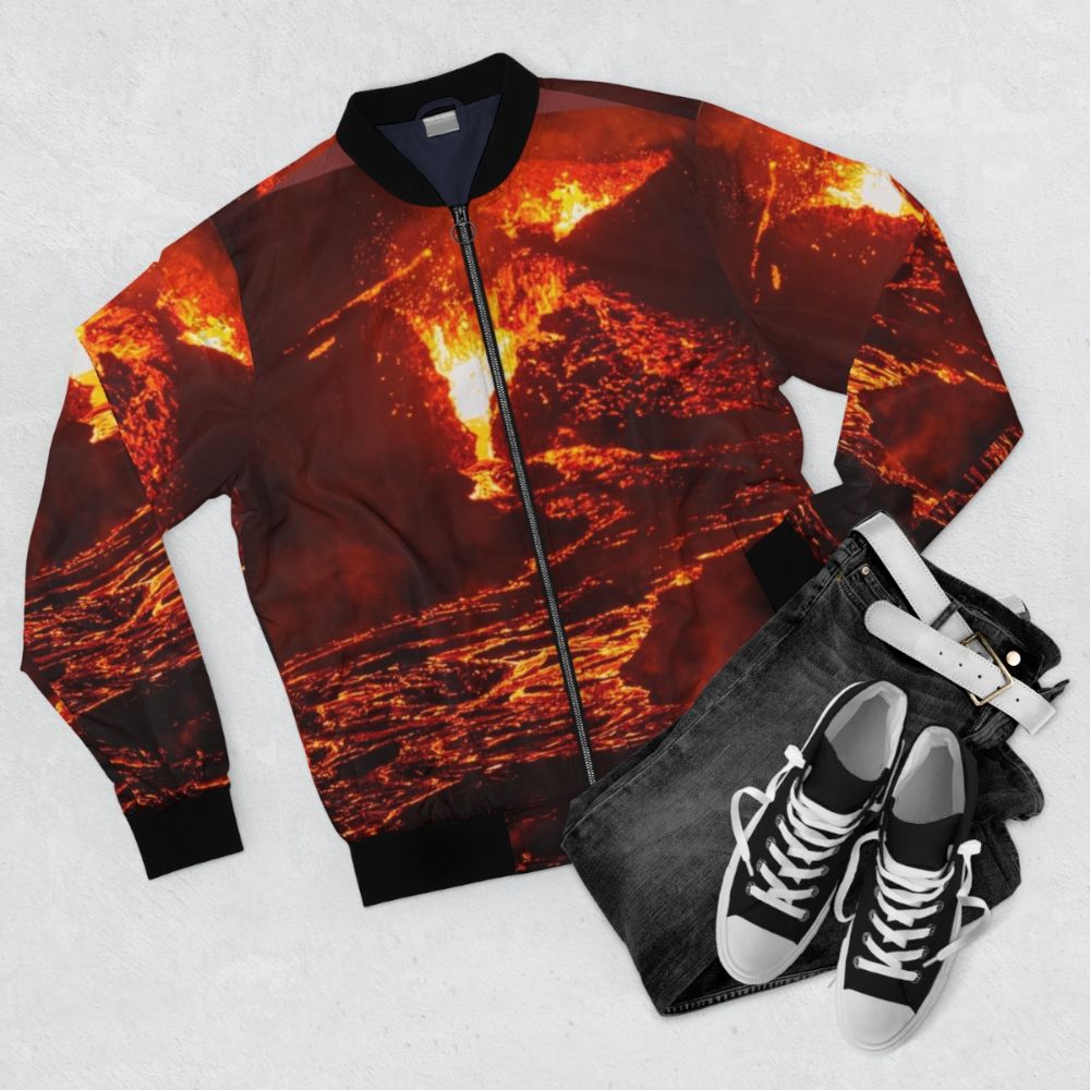 Lava Crater Flow at Night - Iceland Volcano April 20th 2021 Bomber Jacket featuring Iceland volcano lava flow - Flat lay