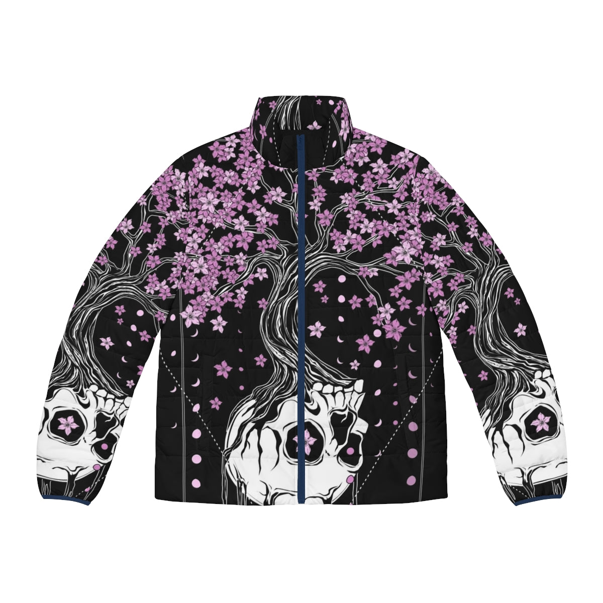 Afterlife puffer jacket with skull and cherry blossom floral design