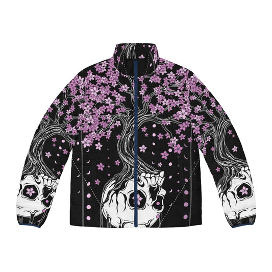 Afterlife puffer jacket with skull and cherry blossom floral design