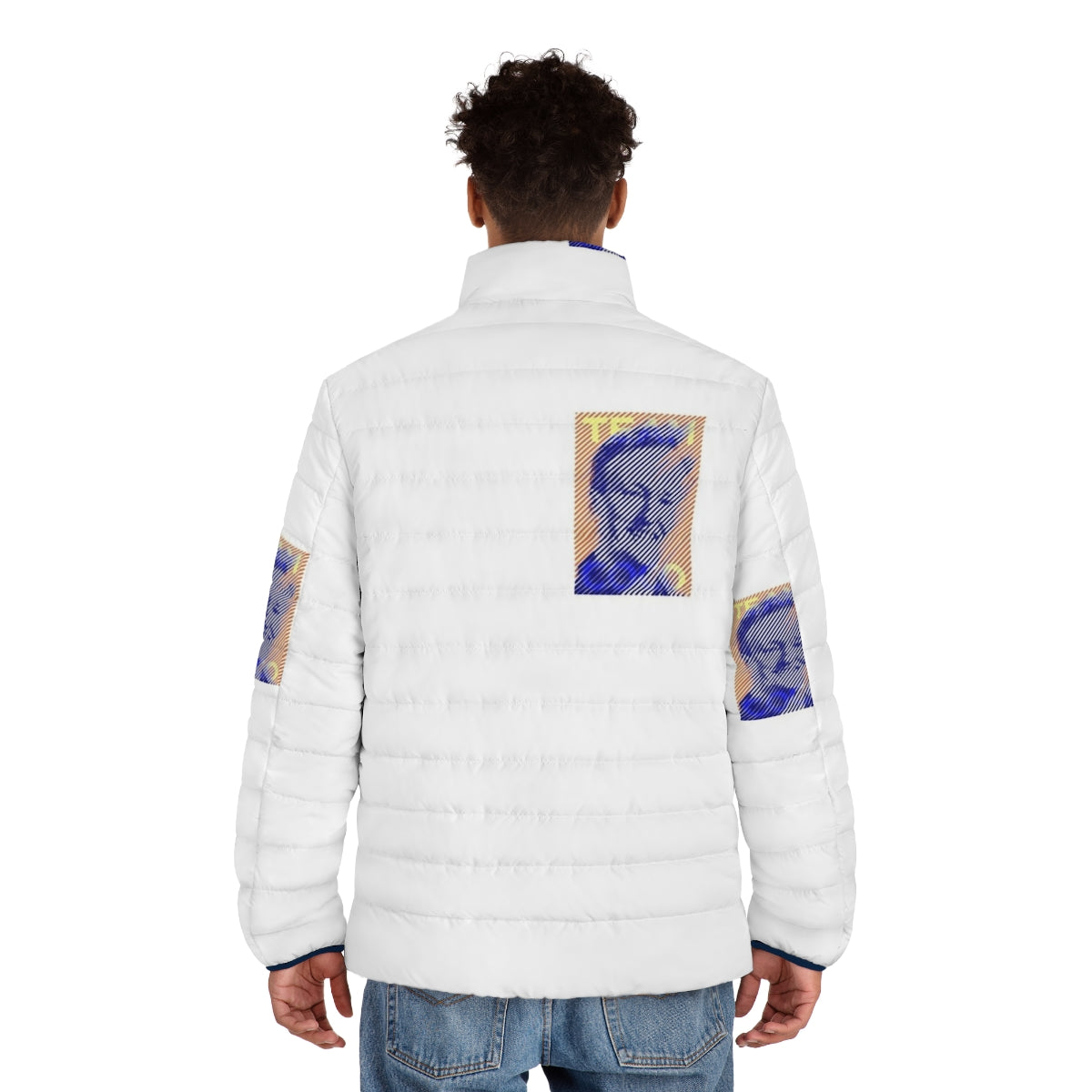 Team Coco Blue Orange Puffer Jacket with Conan Obrien's portrait and line art design - men back