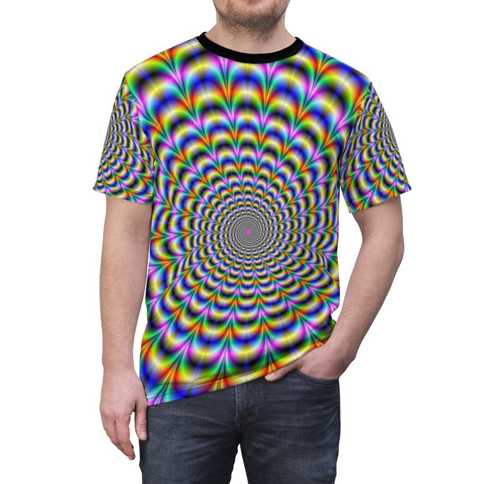 A vibrant psychedelic swirl design on a t-shirt, creating a mesmerizing, trippy optical effect. - men front