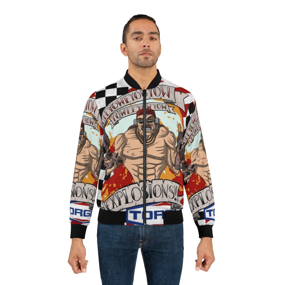 Borderlands-inspired bomber jacket with an explosive design featuring Mister Torgue, Mad Moxxi, and Tiny Tina - Lifestyle