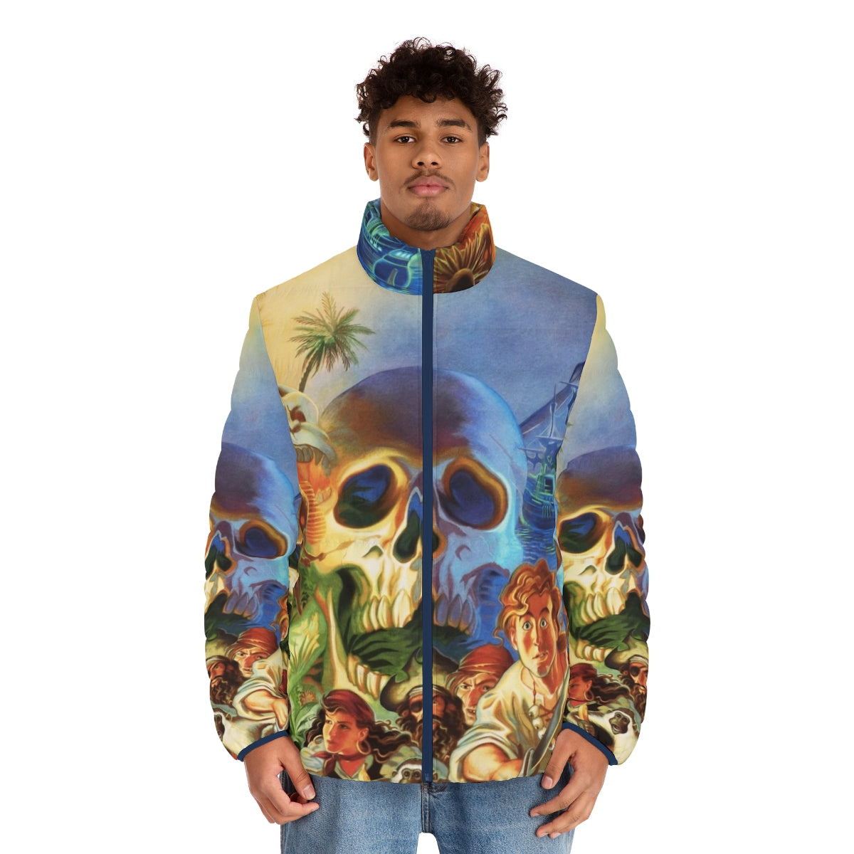 High contrast puffer jacket featuring iconic Monkey Island pixel art design - men front