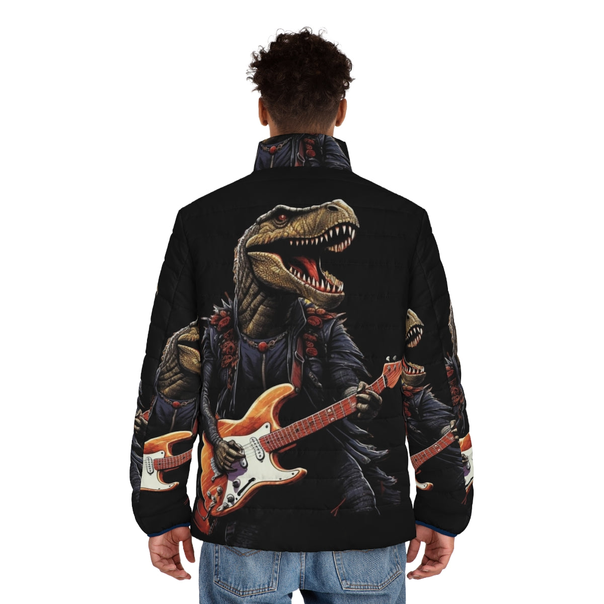 A dinosaur playing a guitar on a puffer jacket, a fun and unique prehistoric rock music lover gift. - men back