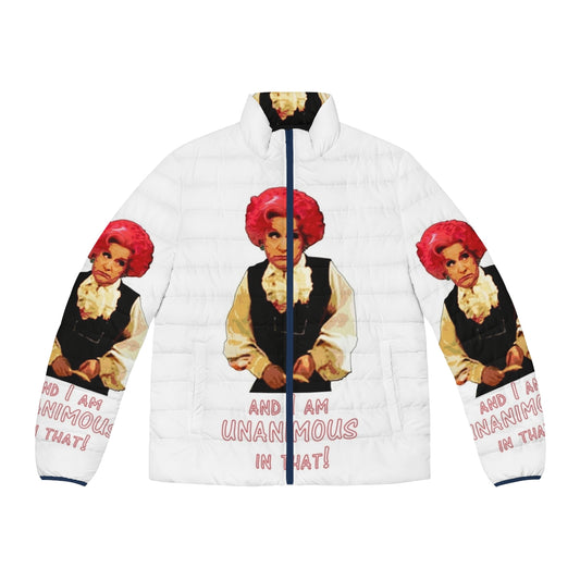 A cozy puffer jacket with a nod to the iconic "Are You Being Served?" character, Mrs. Slocombe.