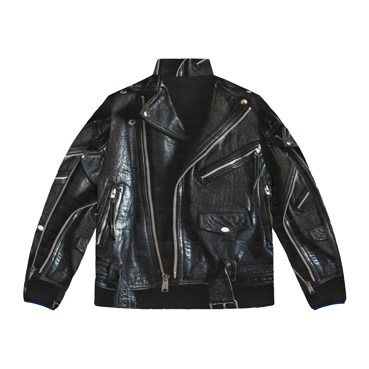 Black leather puffer jacket with biker and motorcycle design - Back