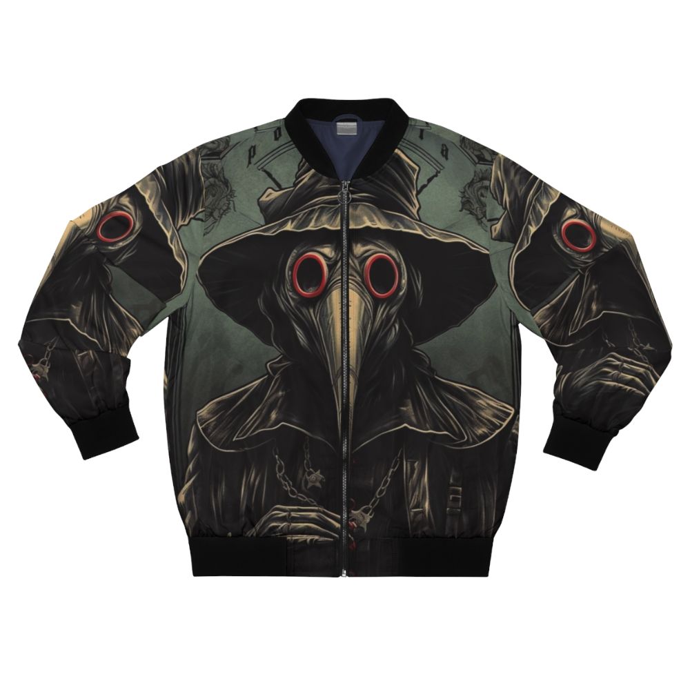 Plague doctor bomber jacket with black plague and horror design