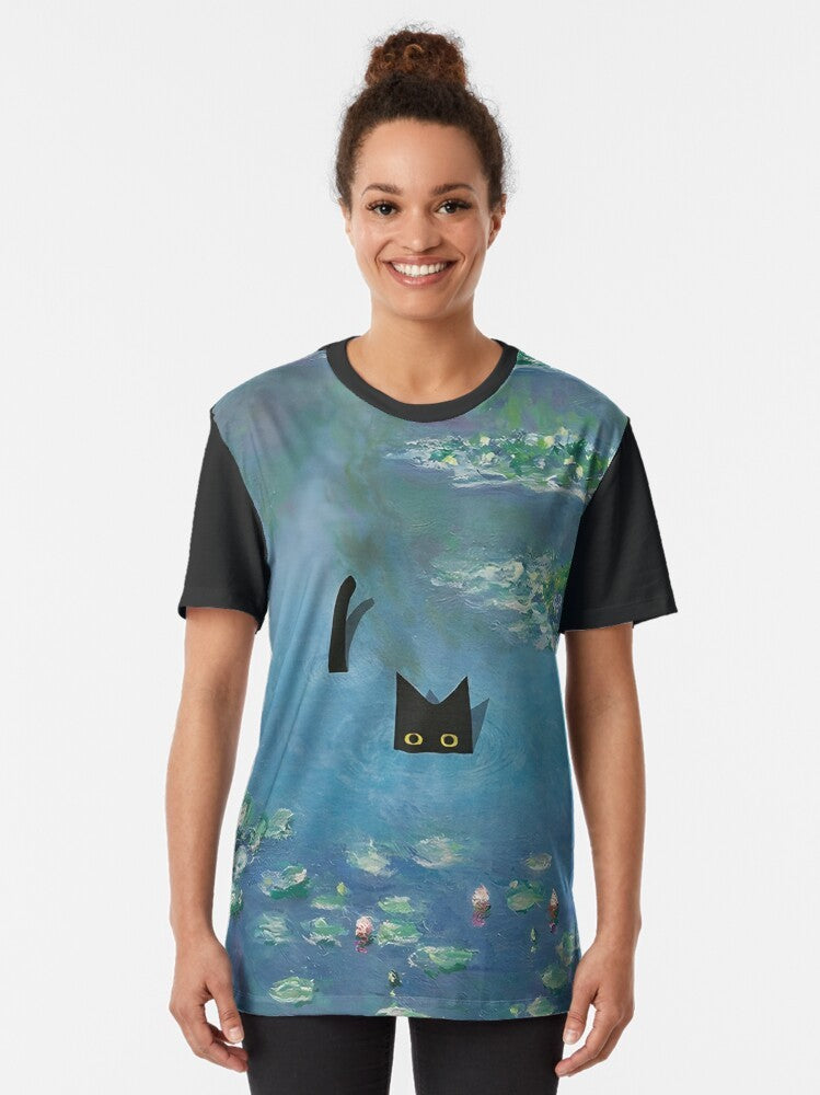 Claude Monet inspired water lily and cat graphic t-shirt design - Women