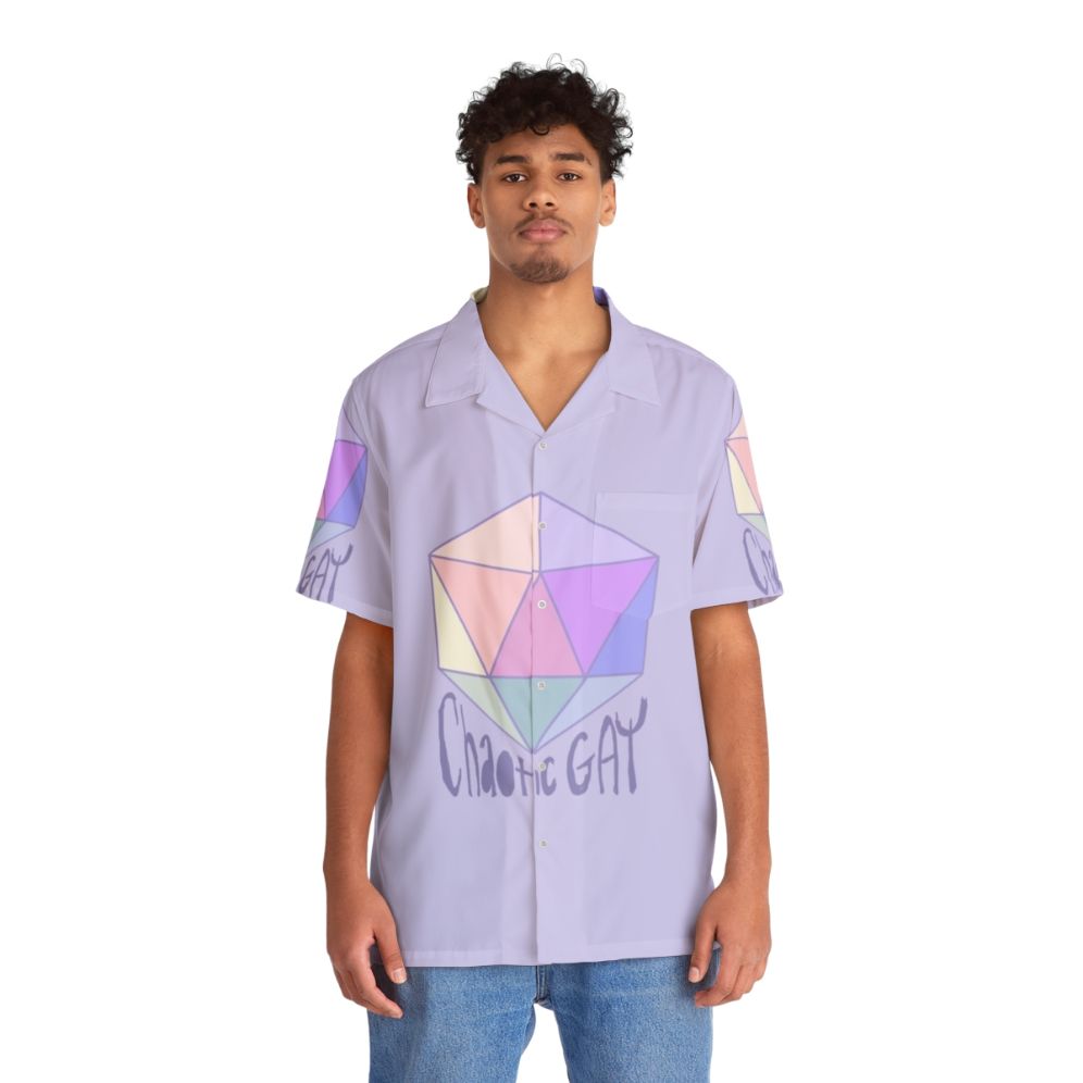 Chaotic gay hawaiian shirt with pastel colors and d20 dice - People Front