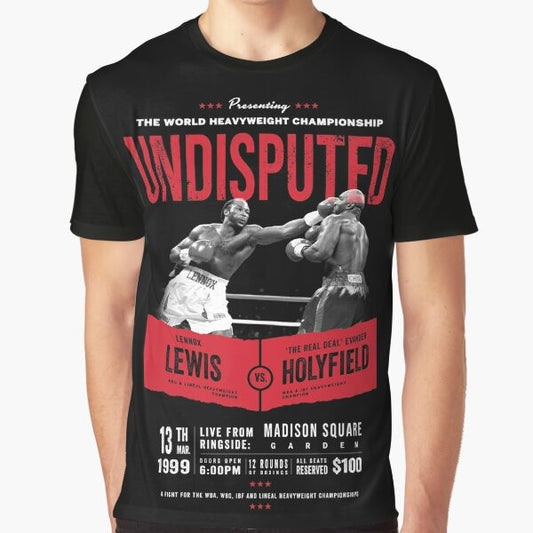 Graphic t-shirt design featuring Lennox Lewis and Evander Holyfield, the undisputed heavyweight boxing champions.