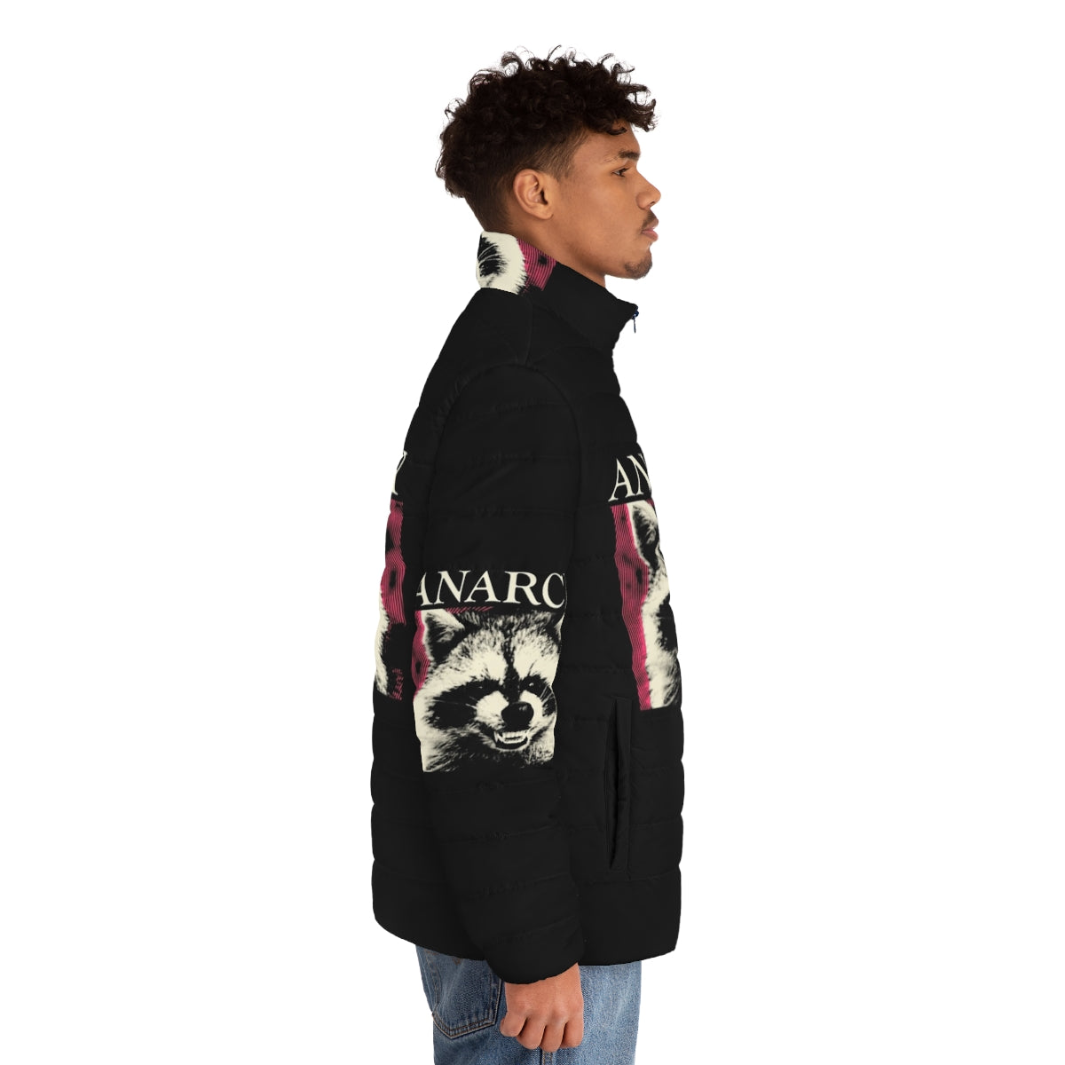 Anarchy Raccoon in a pink puffer jacket, a humorous and trendy design for raccoon lovers - men side right