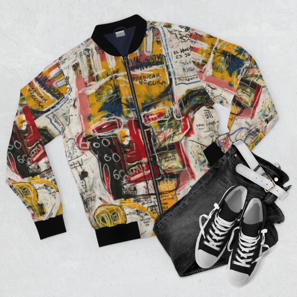 Stylish bomber jacket with a skull and portrait design - Flat lay