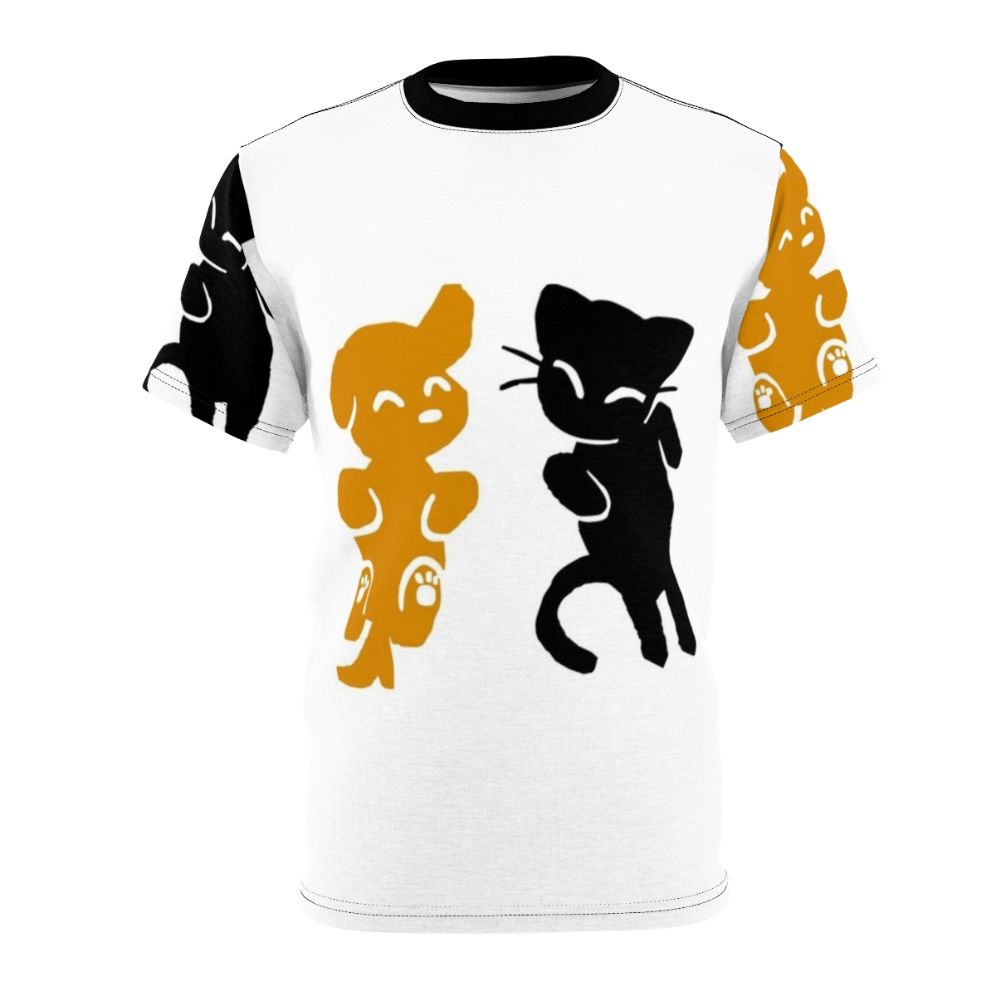 Colorful all-over print t-shirt featuring a cute cat and dog design