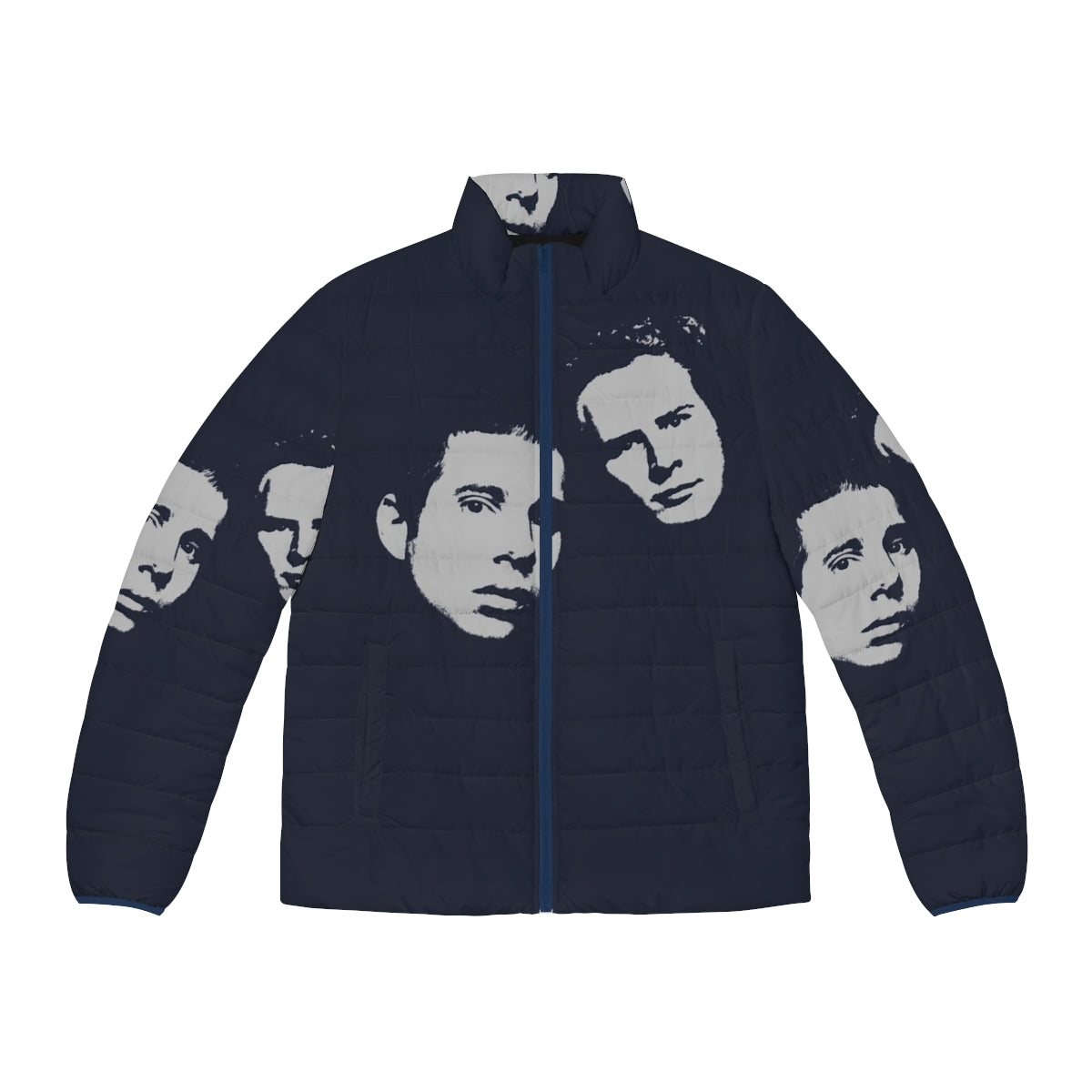 Retro soft music puffer jacket with Simon & Garfunkel tribute design