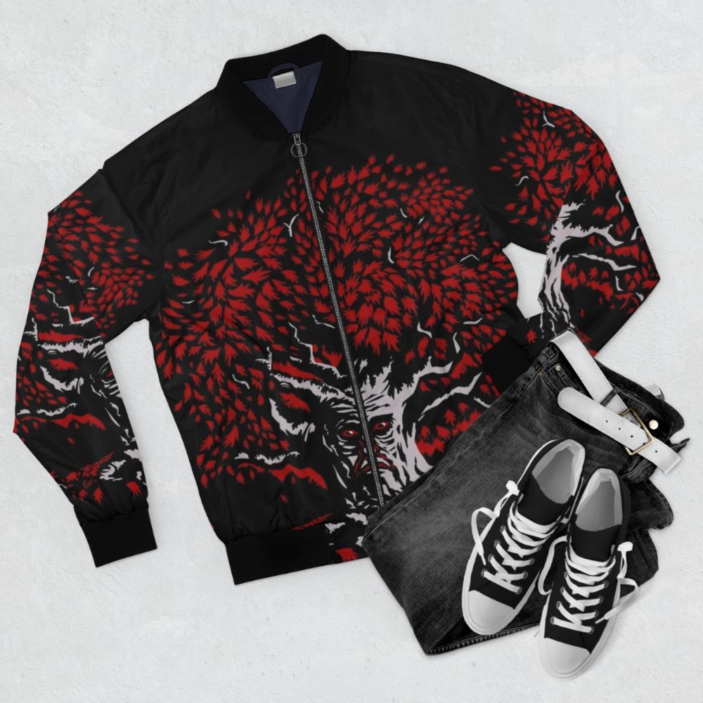 Winterfell Weirwood Game of Thrones Bomber Jacket with direwolf design - Flat lay