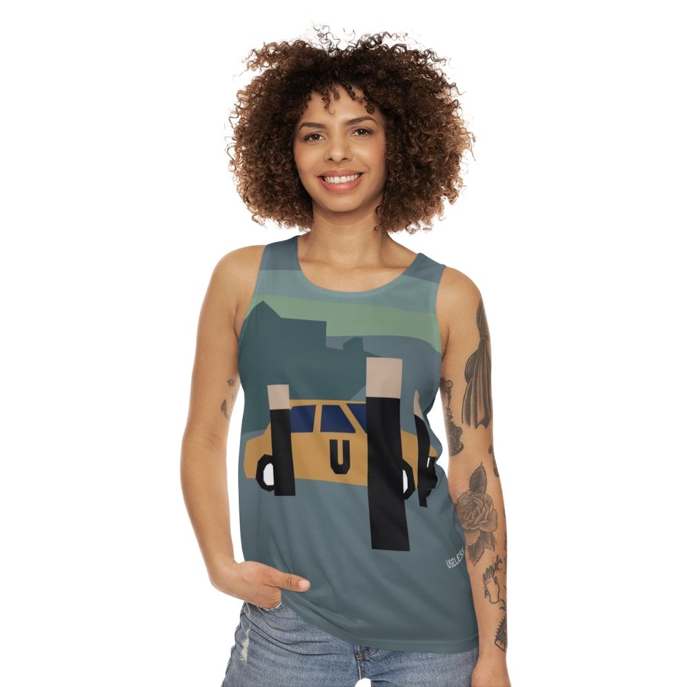 Minimalist unisex tank top with retro electronic music design - women