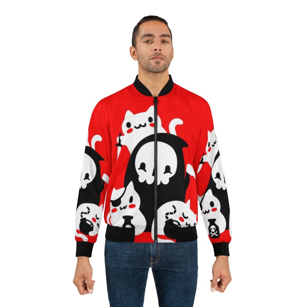 Death's Little Helpers Grim Reaper Bomber Jacket with cats, skulls, and a gothic design. - Lifestyle