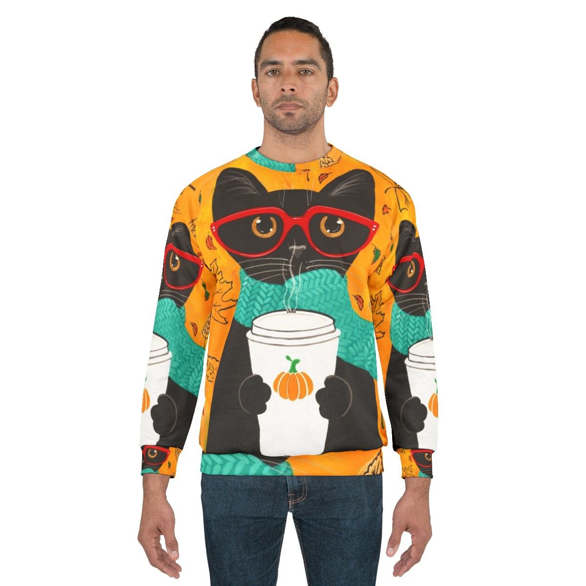 Autumn Pumpkin Coffee Cat Sweatshirt with Nerd Cat in Glasses - men