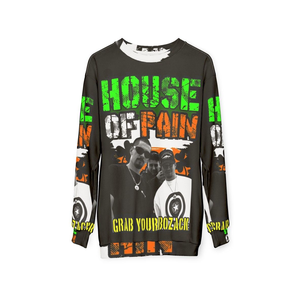 House of Pain 90s Long Sleeve Sweatshirt with Punk Music and Indie Band Graphics - hanging