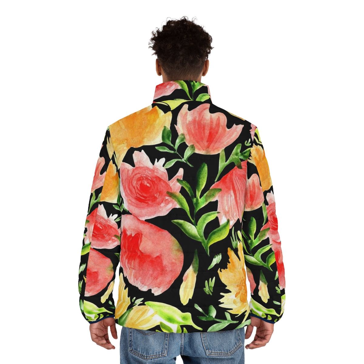 Watercolor floral puffer jacket with black background - men back