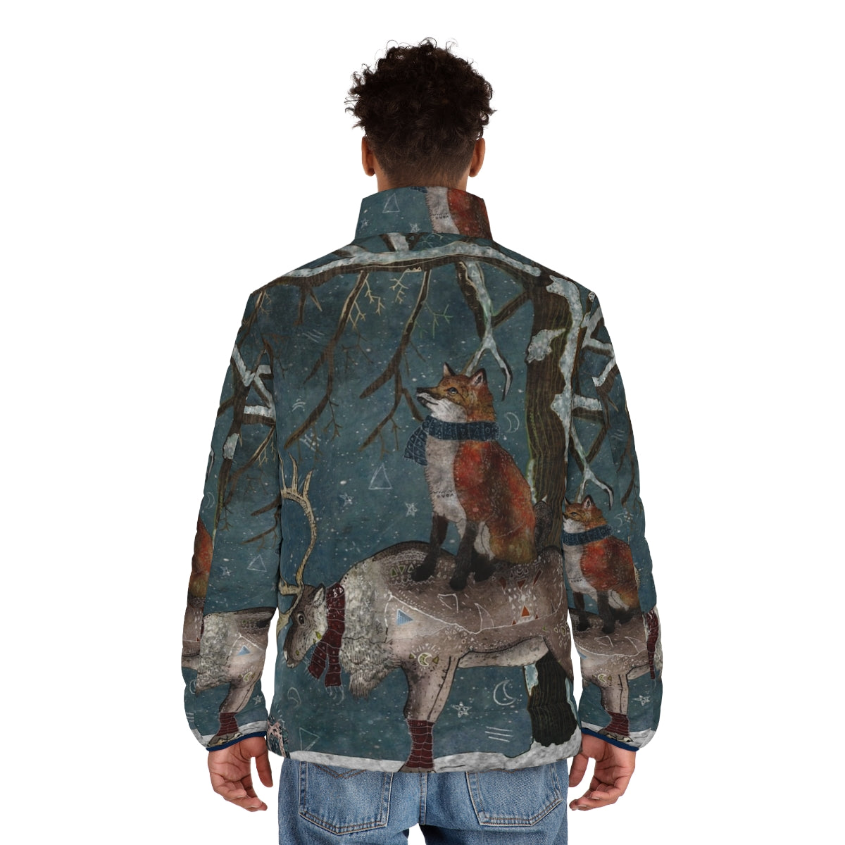 A blue puffer jacket with a snowy forest and wildlife design - men back