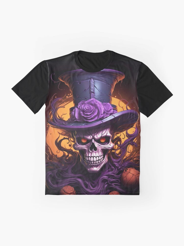 Punk skull with top hat in orange, purple, and black - a scary and spooky graphic t-shirt - Flat lay