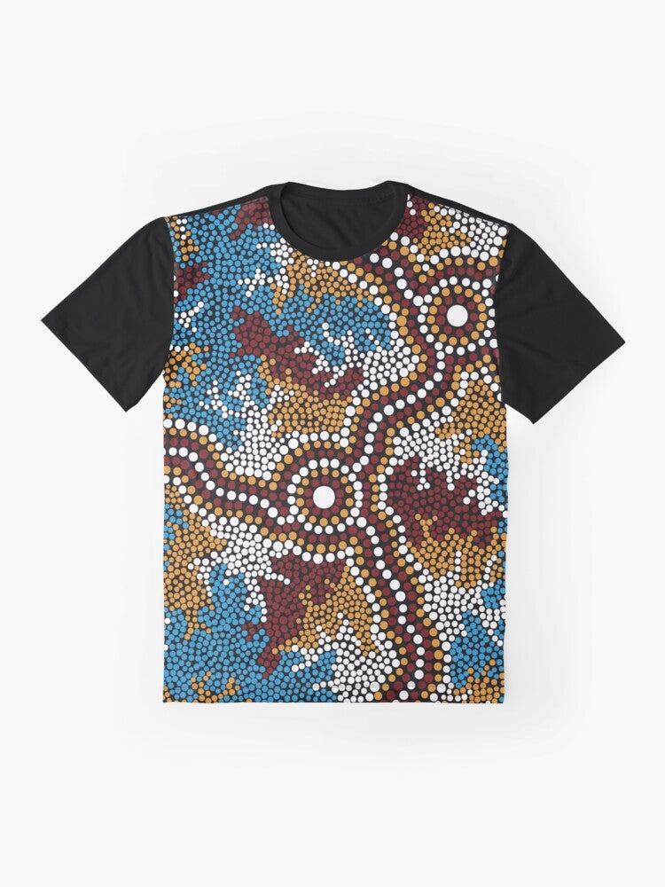 Authentic Aboriginal art graphic t-shirt featuring the Wetland Dreaming design - Flat lay